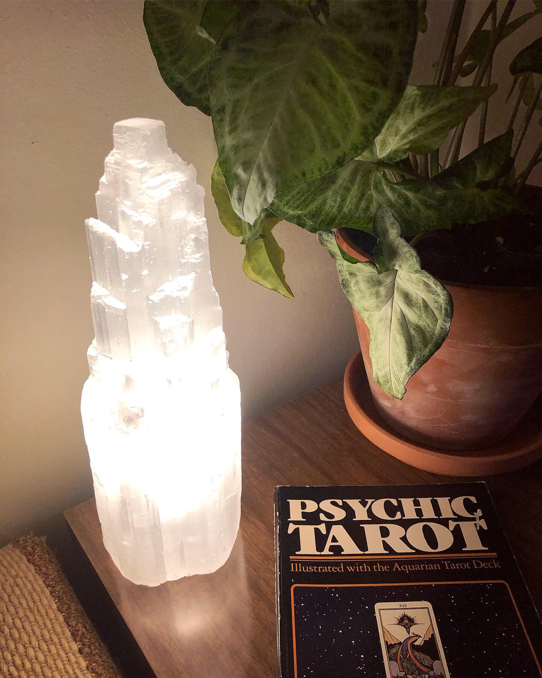 Large selenite tower lamp stands lit up next to arrowhead plant and Psychic Tarot book on midcentury side table.