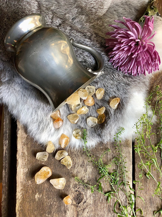 Golden citrine tumbled crystals spill out of silver antique gauntlet framed with green and pink foliage on top of grey and white fur and aged wood