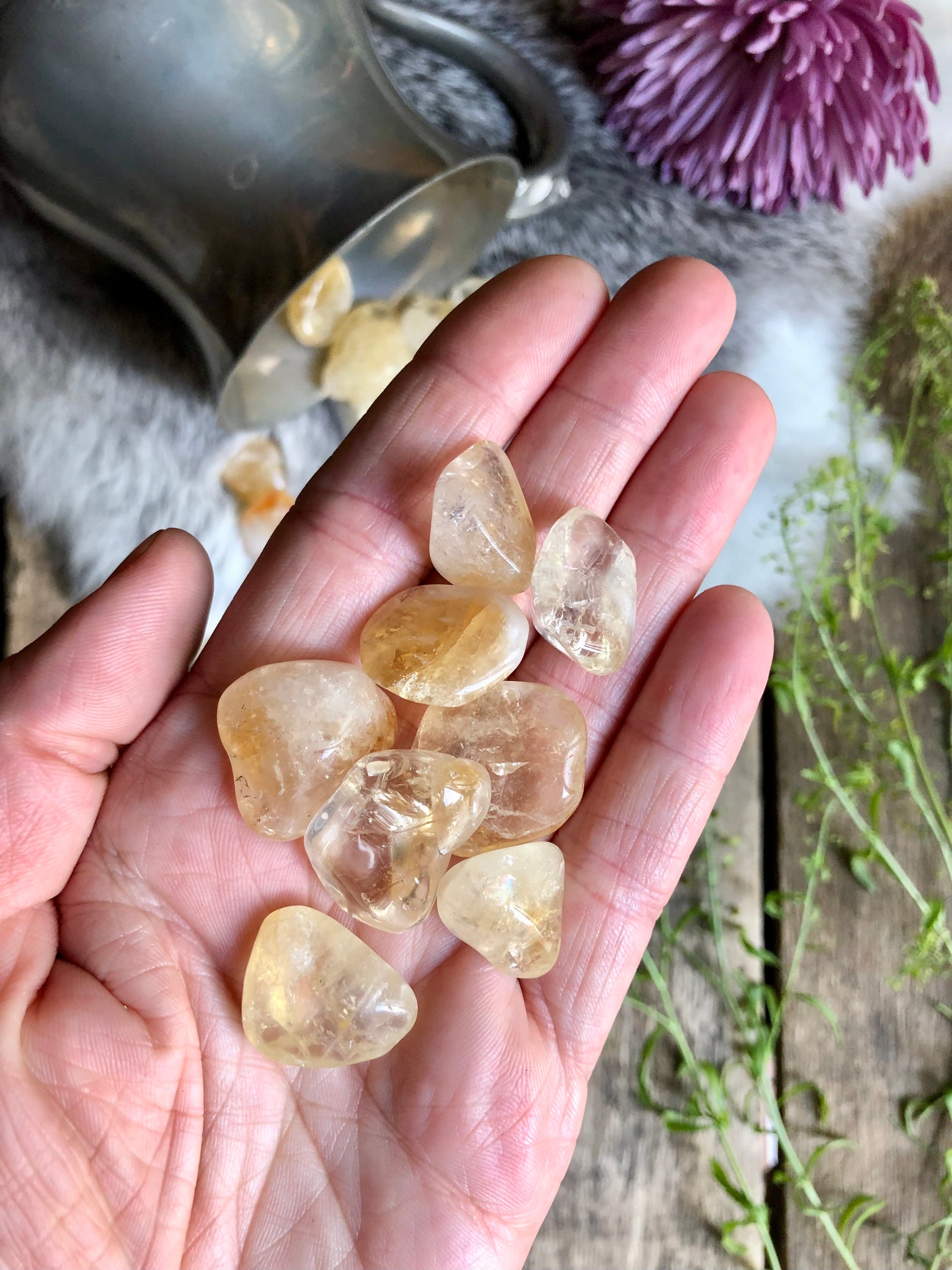 Citrine tumbled stones lay in hand over boho background of fur, wood and flowers