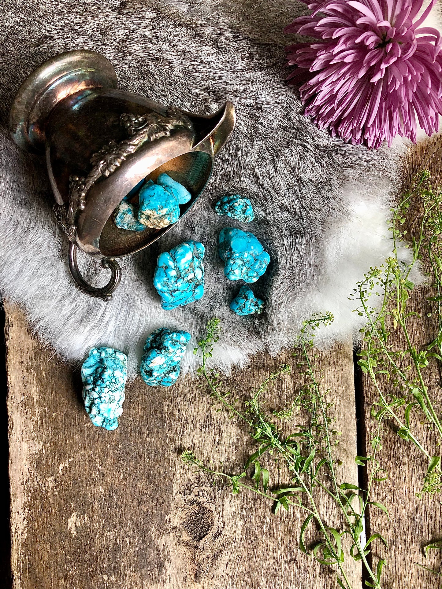 Large turquoise dyed howlite crystals spill out of vintage silver bowl onto fur, aged wood and pretty flowers